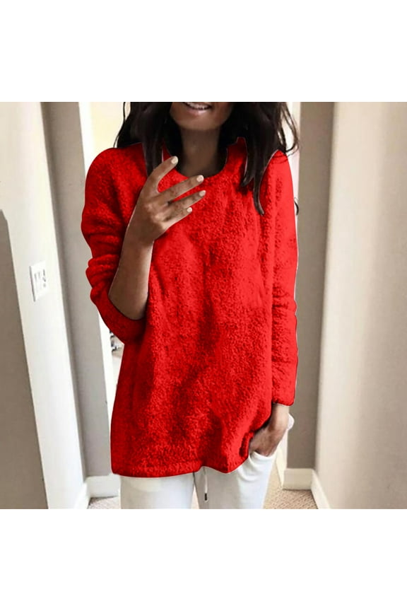 Fuzzy Fleece Pullover for Women Long Sleeve Warm Sweat Shirts Crew Neck Lounge Tops Solid Color Loose Fit Sweatshirts Plus Size Pullover Tops