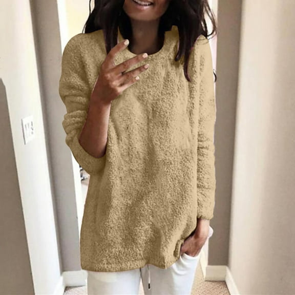 Frostluinai Fuzzy Fleece Pullover for Women Long Sleeve Warm Sweat Shirts Crew Neck Lounge Tops Solid Color Loose Fit Sweatshirts Plus Size Pullover Tops