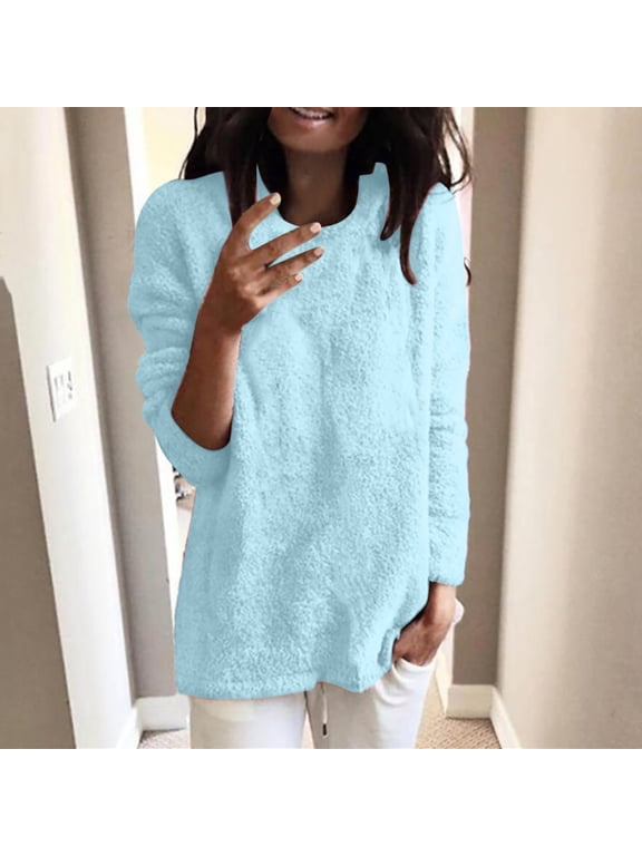 Fuzzy Fleece Pullover for Women Long Sleeve Warm Sweat Shirts Crew Neck Lounge Tops Solid Color Loose Fit Sweatshirts Plus Size Pullover Tops