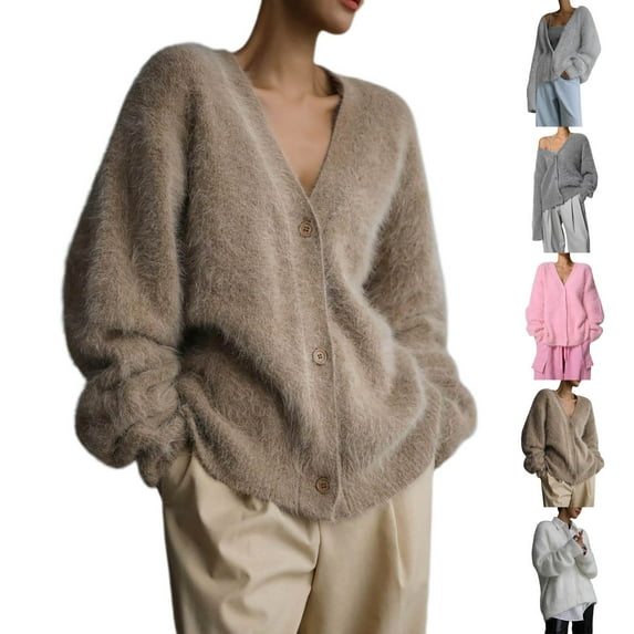 Frostluinai Fuzzy Fleece Sweaters for Women Long Sleeve Oversized Cardigans Button V Neck Solid Knit Sweaters Soft Comzy Jackets