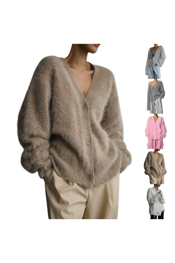 Fuzzy Fleece Sweaters for Women Long Sleeve Oversized Cardigans Button V Neck Solid Knit Sweaters Soft Comzy Jackets