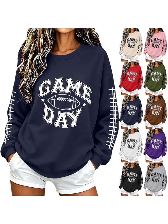 Game Day Football Shirts Women Crew Neck Funny Letter Print Casual Pullover Tops Lightweight Fall Sweatshirts S-4XL