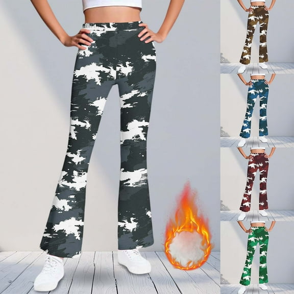 Frostluinai Girl's Fleece Lined Flare Leggings 5-16Y Camo High Waist Yoga Bell Bottom Pants Warm Winter Gym Bootcut Leggings for Girl
