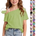 thumbnail image 1 of Frostluinai Girl's Off the Shoulder Tops 5-14Y Short Sleeve Loose Summer T Shirt Adjustable One Strap Short Sleeve Cold Shoulder Y2K Tees, 1 of 10