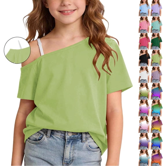 Frostluinai Girl's Off the Shoulder Tops 5-14Y Short Sleeve Loose Summer T Shirt Adjustable One Strap Short Sleeve Cold Shoulder Y2K Tees