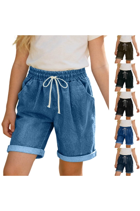 Girls Bermuda Jean Shorts 3-14Y Elastic Waist Retro Cuff Rolled up Denim Shorts Baggy Casual Knee Length Shorts with Pocket