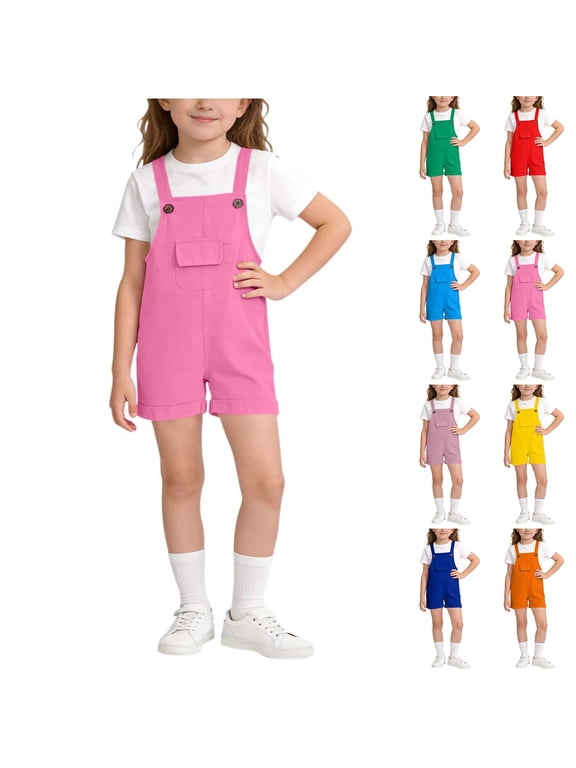 Girls Bib Overall Shorts Kids Cute Romper Shortalls Solid Cuffed Jumpsuits Shorts One Piece with Pockets 2-15 Years