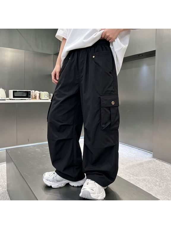 Girls Cargo Parachute Pants Elastic Waist Lightweight Wide Leg Pant Streetwear Hip Hop Dance Trousers with Pockets 7-15 Years