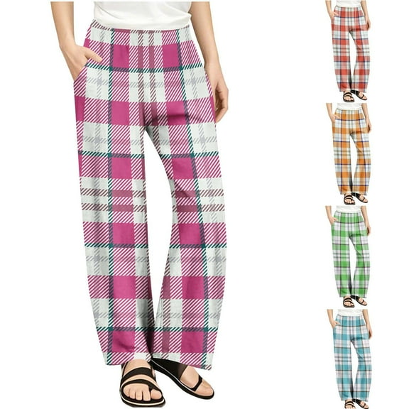 Frostluinai Girls Casual Wide Leg Pants Baggy Plaid Straight Leg Trousers High Waist Yoga Workout Flannel Print Trousers with Pocket