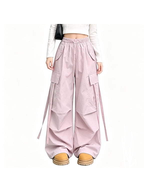 Girls Parachute Pants Kids Wide Leg Cargo Pants Y2K Street Trousers Elastic Waist Solid Color Lightweight with Pockets 5-15 Years