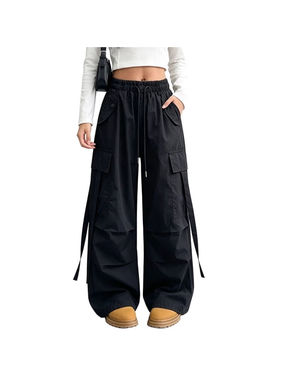 Girls Parachute Pants Kids Wide Leg Cargo Pants Y2K Street Trousers Elastic Waist Solid Color Lightweight with Pockets 5-15 Years