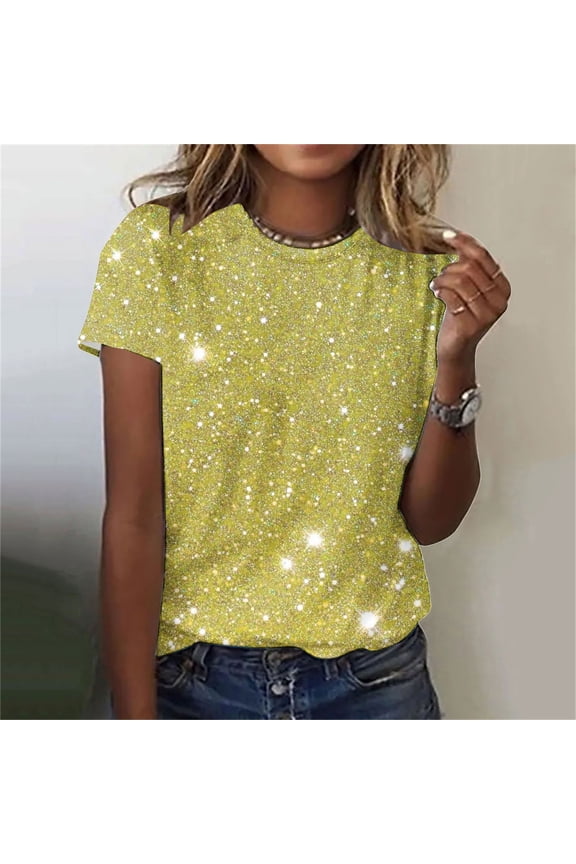Womens Sparkly T Shirts Short Sleeve Glittle Tops Crew Neck Funny Graphic Tees Casual Party T Shirts Summer Loose Fit Blouses