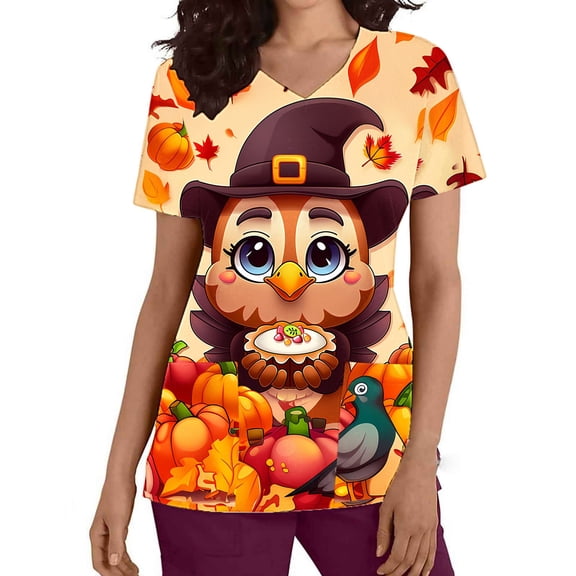 Frostluinai Gobble Shirts for Women V Neck Short Sleeve Soft Scrubs Tops Trendy Turkey Print Thanksgiving Scrubs Tops Loose Fit Uniforms with Pocket