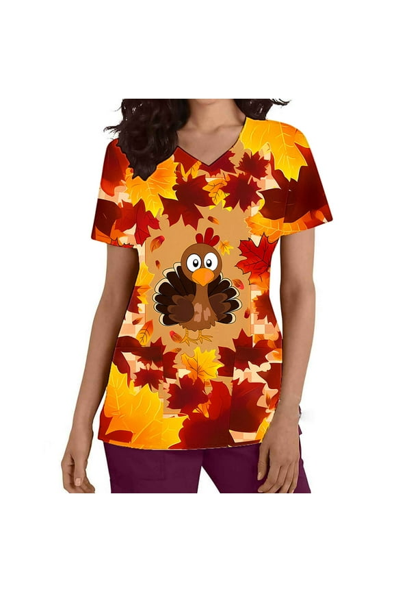 Gobble Til You Wobble T-Shirt Women's Scrubs V Neck Short Sleeve Scrubs Tops Funny Turkey Print Scrubs Shirts with Pocket