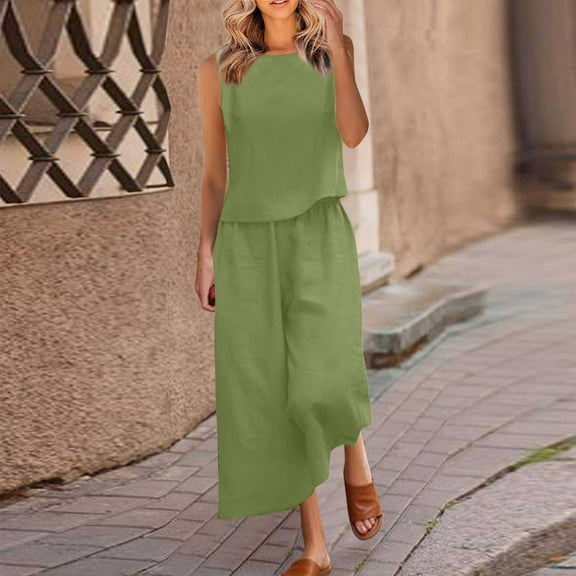 Frostluinai Going Out Sets for Women Solid Linen Lounge Sets Sleeveless Crop Tops Baggy Wide Leg Cropped Pants Plus Size Tracksuits Gifts