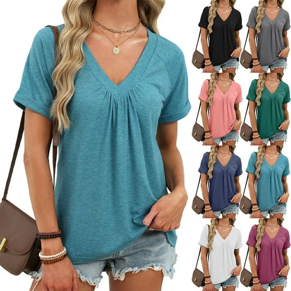 Frostluinai Going Out Tops for Women Pleated V Neck Short Sleeve Raglan Shirts Solid Loose Fit Tunics Summer Casual T Shirts