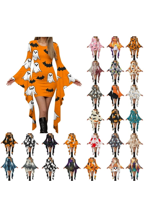 Gothic Dress for Women Halloween s Ghosts Pumpkin Print Bodycon Dress Crewneck Bell Sleeve Irregular Mini Dresses