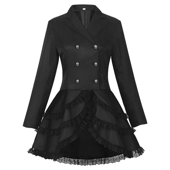Frostluinai Gothic Jacket Dress for Women Long Sleeve Double Dreasted Mini Dress Lapel Collar Lace Tiered Jacket Coat Vintage Dresses