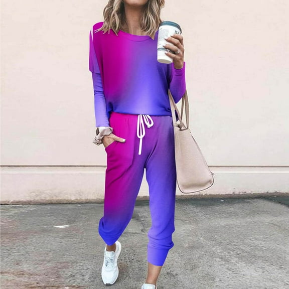 Frostluinai Gradient Lounge Sets for Women Long Sleeve Casual Shirts Drawstring Waist Baggy Sweatpants Plus Size Sweatsuits with Pocket