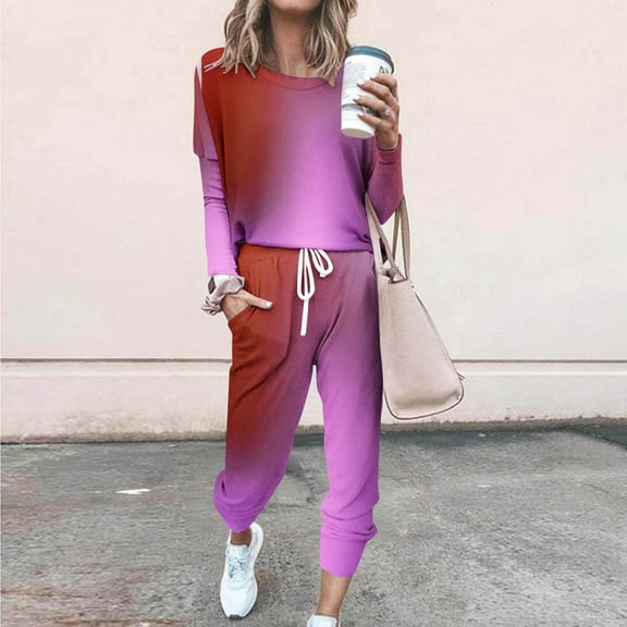 Frostluinai Gradient Lounge Sets for Women Long Sleeve Casual Shirts Drawstring Waist Baggy Sweatpants Plus Size Sweatsuits with Pocket