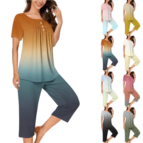 Frostluinai Gradient Pajama Sets for Women 2 Piece Short Sleeve Hide Belly Henley Shirts with Capri Pants Soft Comfy Sleepwear Loungewear