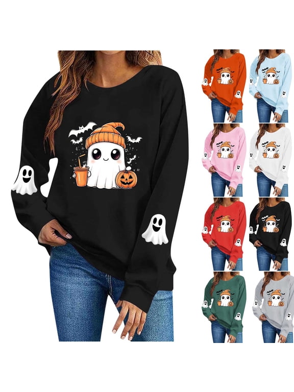 Halloween Ghost Pumpkin Sweatshirts Women Spooky Season Sweater Cute Spooky Season Shirt Fall Pullover Tops for Ladies