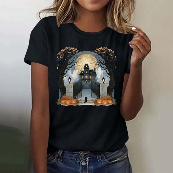 Frostluinai Halloween Graphic Shirts for Women Spooky Season Holiday Party Tops Short Sleeve Crew Neck Daily Walking Casual Shirt S-3XL