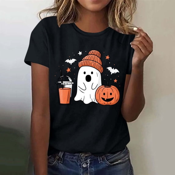 Frostluinai Halloween Shirts for Ladies Spooky Ghosts Pumpkin Casual Graphic Tees Short Sleeve Crewneck Lightweight Holiday Party T Shirts S-3XL