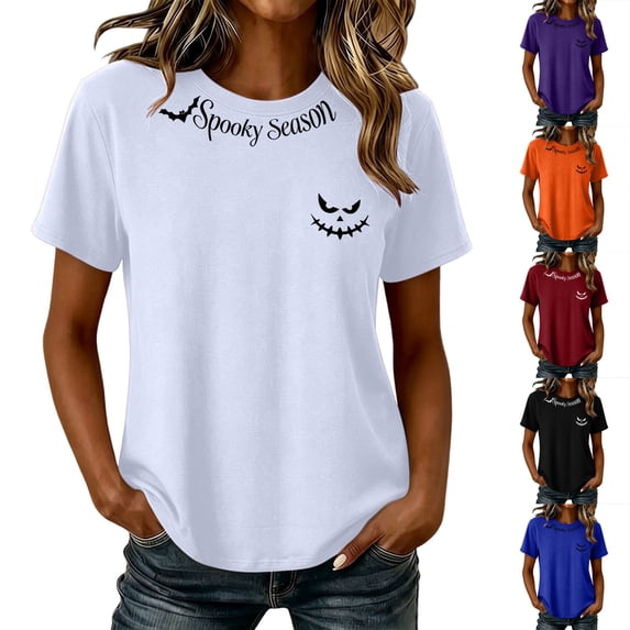 Frostluinai Halloween Shirts for Women Spooky Letter Graphic Short Sleeve Tshirts Crew Neck Daily Walking Casual Shirt S-XXXL