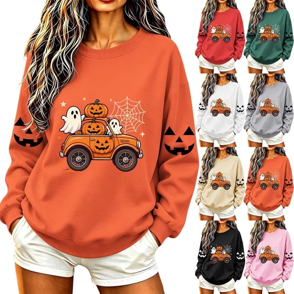 Frostluinai Halloween Spooky Season Sweatshirt Women Crewneck Long Sleeve Fleece Pullover Casual Pumpkin Ghosts Print Sweatshirts for Ladies