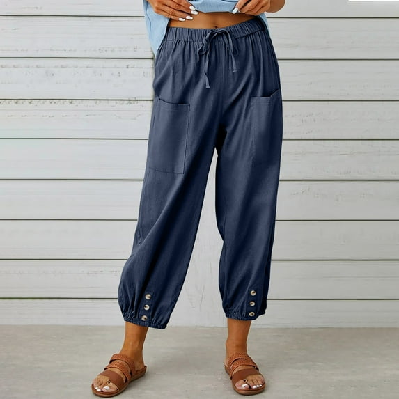 Frostluinai Harem Pants Women Cotton Linen Drawstring Elastic Waisted Wide Leg Casual Capris Plus Size Solid Color Botton Hem Leggings with Pockets