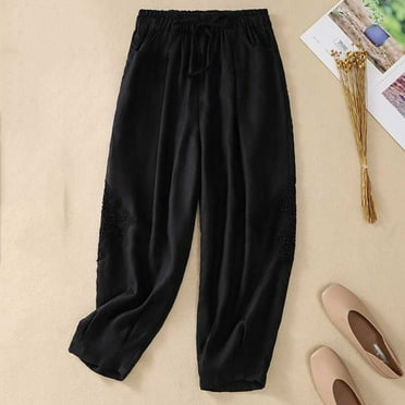 Frostluinai Harem Pants for Women Elastic Waist Drawstring Baggy Pants Embroidered Cotton Linen Vintage Pants Solid Color Pants with Pockets
