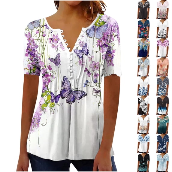 Frostluinai Hide Belly Shirts for Women Short Sleeve Summer Tunic Tops Button V Neck Pleated Tshirts Plus Size Boho Floral Print Shirts