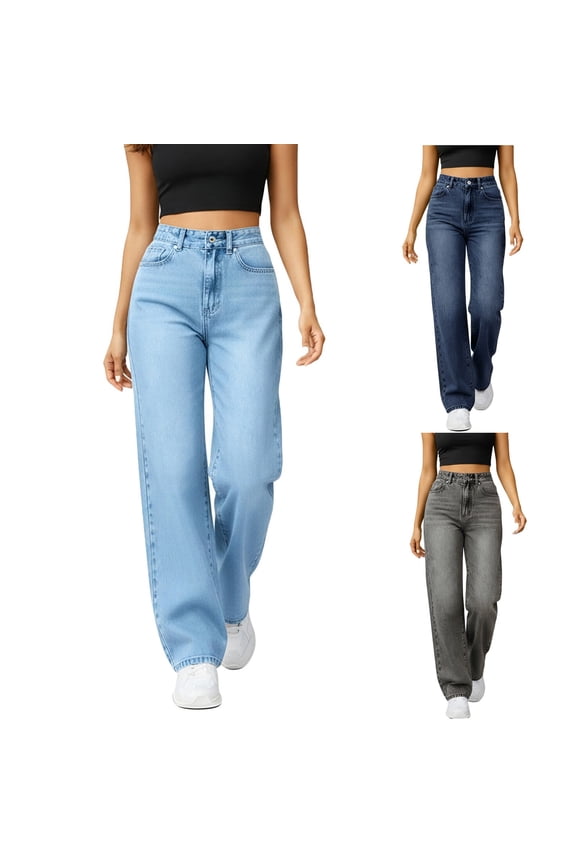 High Rise Straight Leg Jeans for Women Retro Wash Baggy Wide Leg Denim Pants Distressed Y2K Jeans with Pockets Vaqueros De Mujer