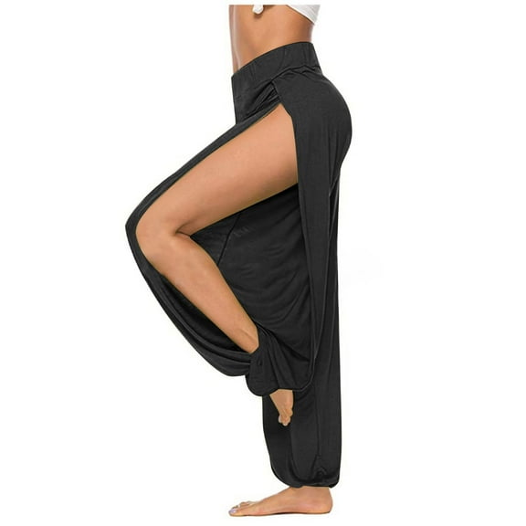 Frostluinai High Slit Harem Pants Women High Waist Baggy Wide Leg Pants Solid Flowy Hippie Harem Pants Casual Sport Yoga Workout Pants