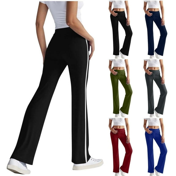 Frostluinai High Waist Bootcut Pants for Women Stretchy Striped Bell Bottom Pants Casual Yoga Sport Flare Pants with Drawstring