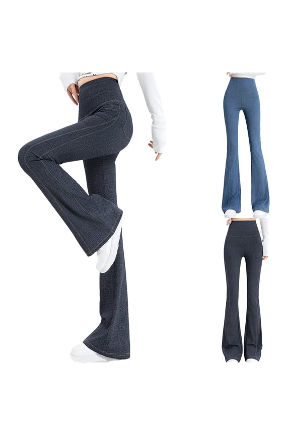 High Waist Flare Pantd for Women Stretchy Slim Fit Yoga Workout Sport Bootcut Denim Pants Solid Retro Faux Jeans