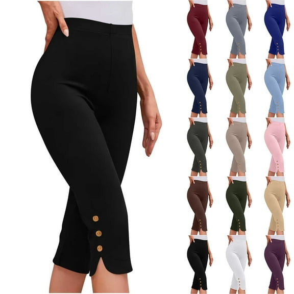 Frostluinai High Waist Yoga Capris for Women Stretchy Slim Fit Workout Capris Button Split Curved Hem Cropped Pants Casual Sporty Leggings
