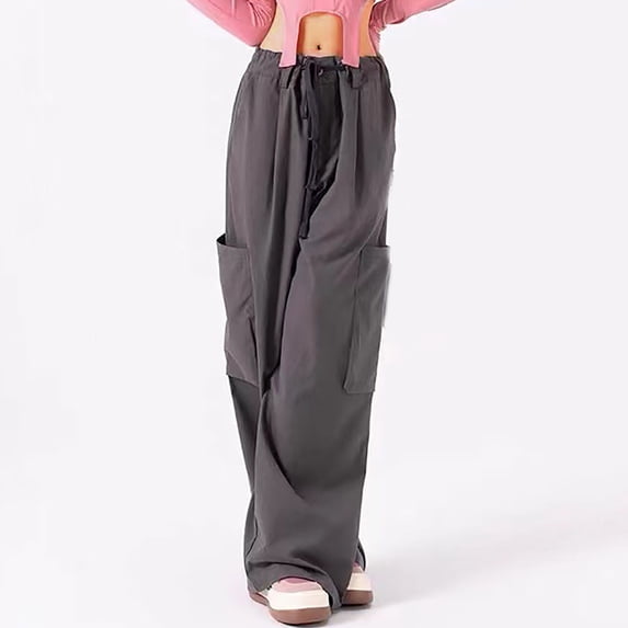Frostluinai High Waisted Cargo Pants Women Drawstring Wide Leg Baggy Pants Solid Color Loose Straight Leg Pants Plus Size Streetwear Pant with Pockets