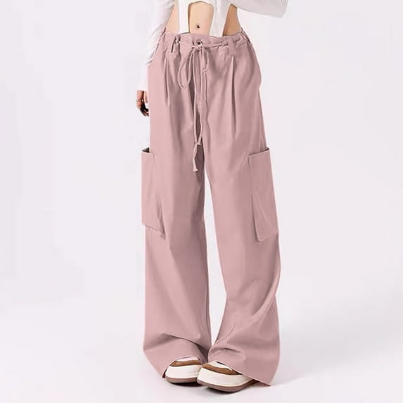 Frostluinai High Waisted Cargo Pants Women Drawstring Wide Leg Baggy Pants Solid Color Loose Straight Leg Pants Plus Size Streetwear Pant with Pockets