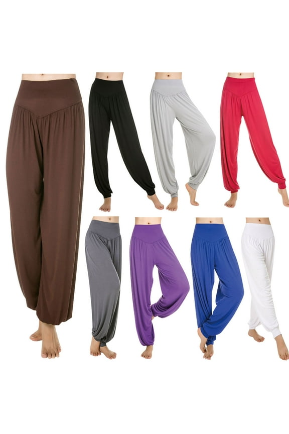 High Waisted Harem Pants for Women Pleated Stretch Yoga Workout Pants Wide Leg Loose Fit Legging Solid Color Lightweight Pants