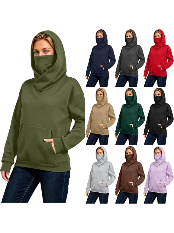 Hoodie with Face Mask for Women Travel Airplane Hiking Nap Solid Pullover Lightweight Fleece Line Hooded Sweatshirt with Pocket