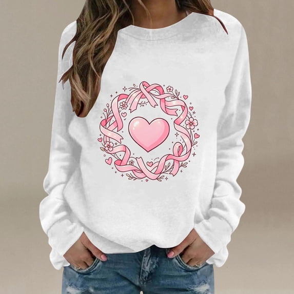 Frostluinai Inspirational Sweatshirts for Women Heart Pink Ribbon Graphic Pullover Crewneck Long Sleeve Breast Cancer Awareness Sweatshirt S-2XL