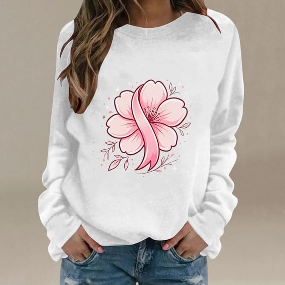 Frostluinai Inspirational Sweatshirts for Women Heart Pink Ribbon Graphic Pullover Crewneck Long Sleeve Breast Cancer Awareness Sweatshirt S-2XL