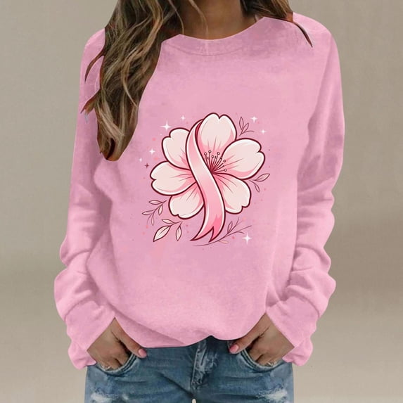 Frostluinai Inspirational Sweatshirts for Women Heart Pink Ribbon Graphic Pullover Crewneck Long Sleeve Breast Cancer Awareness Sweatshirt S-2XL