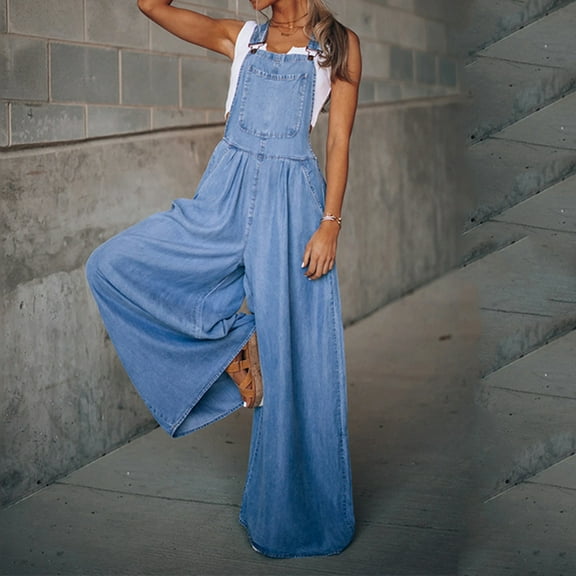 Frostluinai Jean Overalls for Women Loose Adjustable Strap Wide Leg Denim Bib Overalls Oversized Casual Vacation Jeans Pants with Pocket
