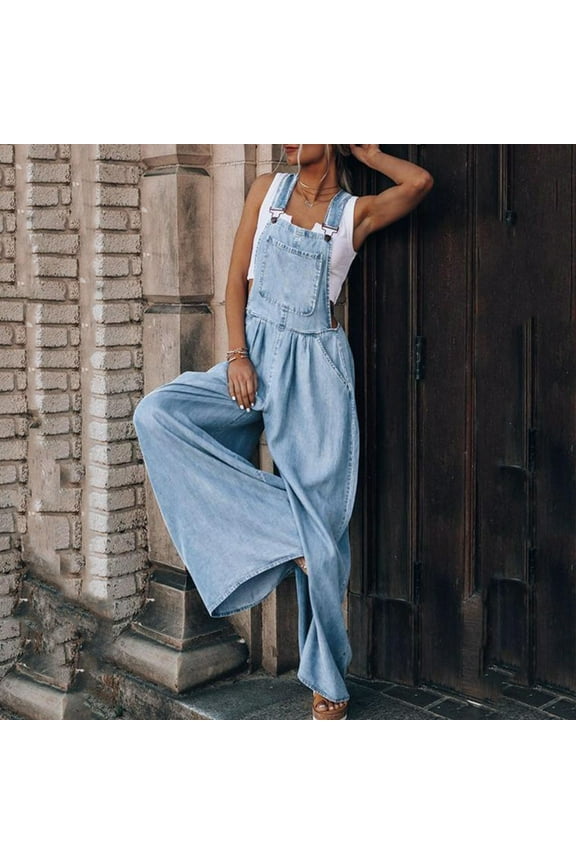 Jean Overalls for Women Loose Adjustable Strap Wide Leg Denim Bib Overalls Oversized Casual Vacation Jeans Pants with Pocket