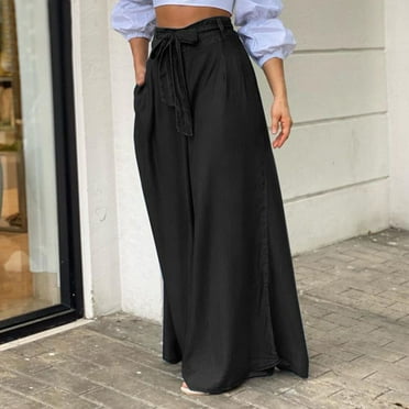 Frostluinai Jean Palazzo Capris for Women Wide Leg Drawstring Elastic Waisted Lounge Pants Plus Size Solid Color Flowy Straight Leg Capris with Pockets