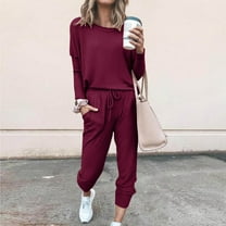 Frostluinai Jogger Sets for Women 2 Piece Solid Lounge 2 Piece Long Sleeve Crew Neck Pullover Drawstring Pants Lightweight Sweatsuits with Pocket
