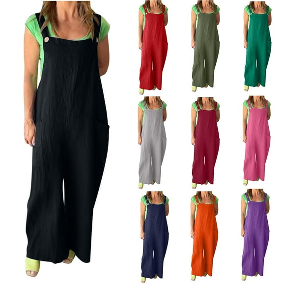 Frostluinai Jumpsuits for Women Casual Sleeveless Cotton Linen Overalls Rompers Baggy Wide Leg Jumpsuits Solid Vacation Overalls with Pocket